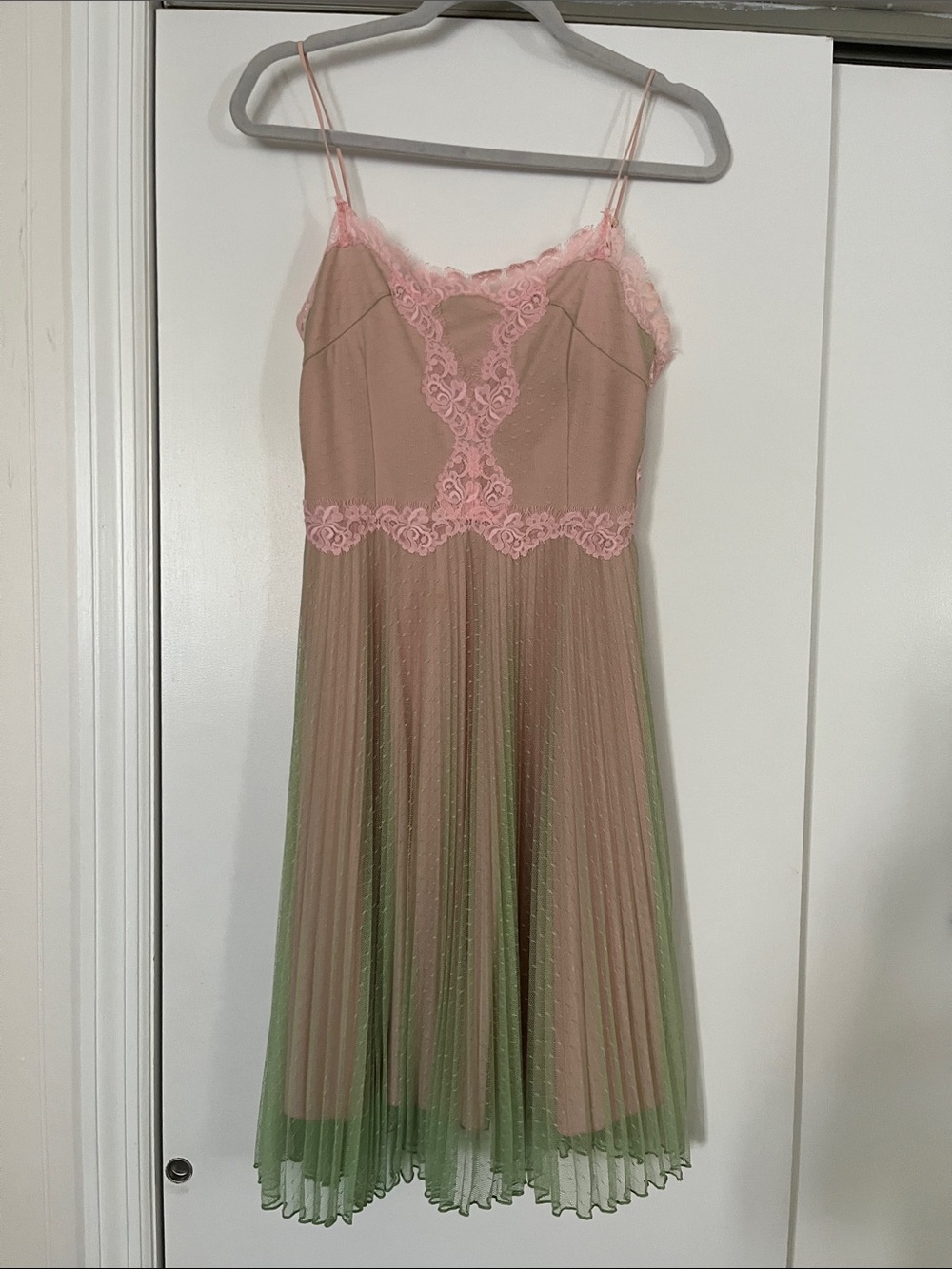 Betsey Johnson Pink and green Lace-Trim Pleated Midi Dress - Picture 1 of 7